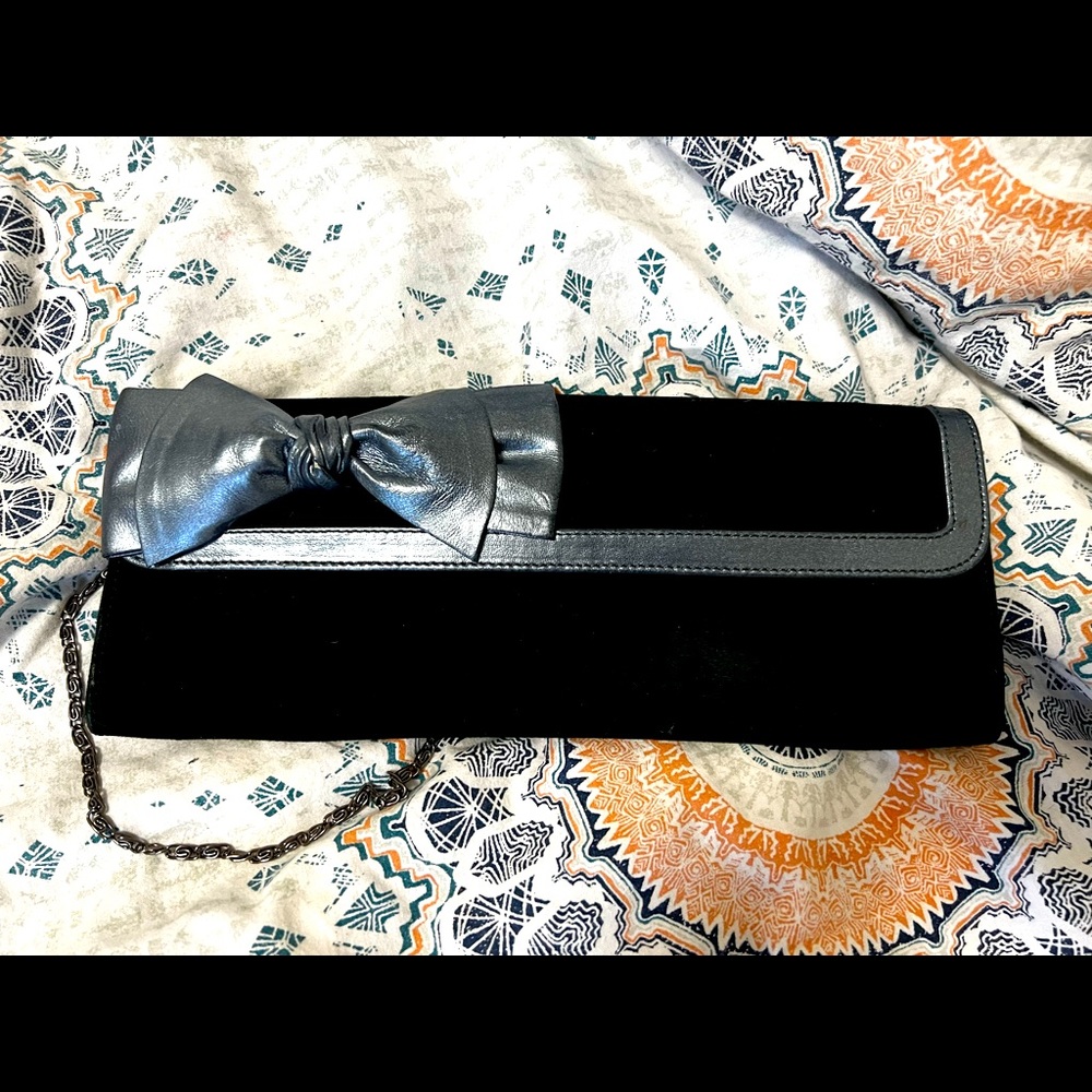 ALDO Vintage Suede Clutch with Metallic Leather Silver Bow and Trim
